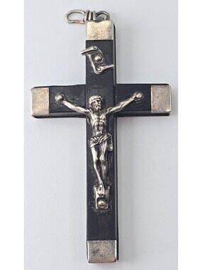 Vintage French Sterling Silver Ebony Crucifix Pendant Catholic Criss Marked 2"